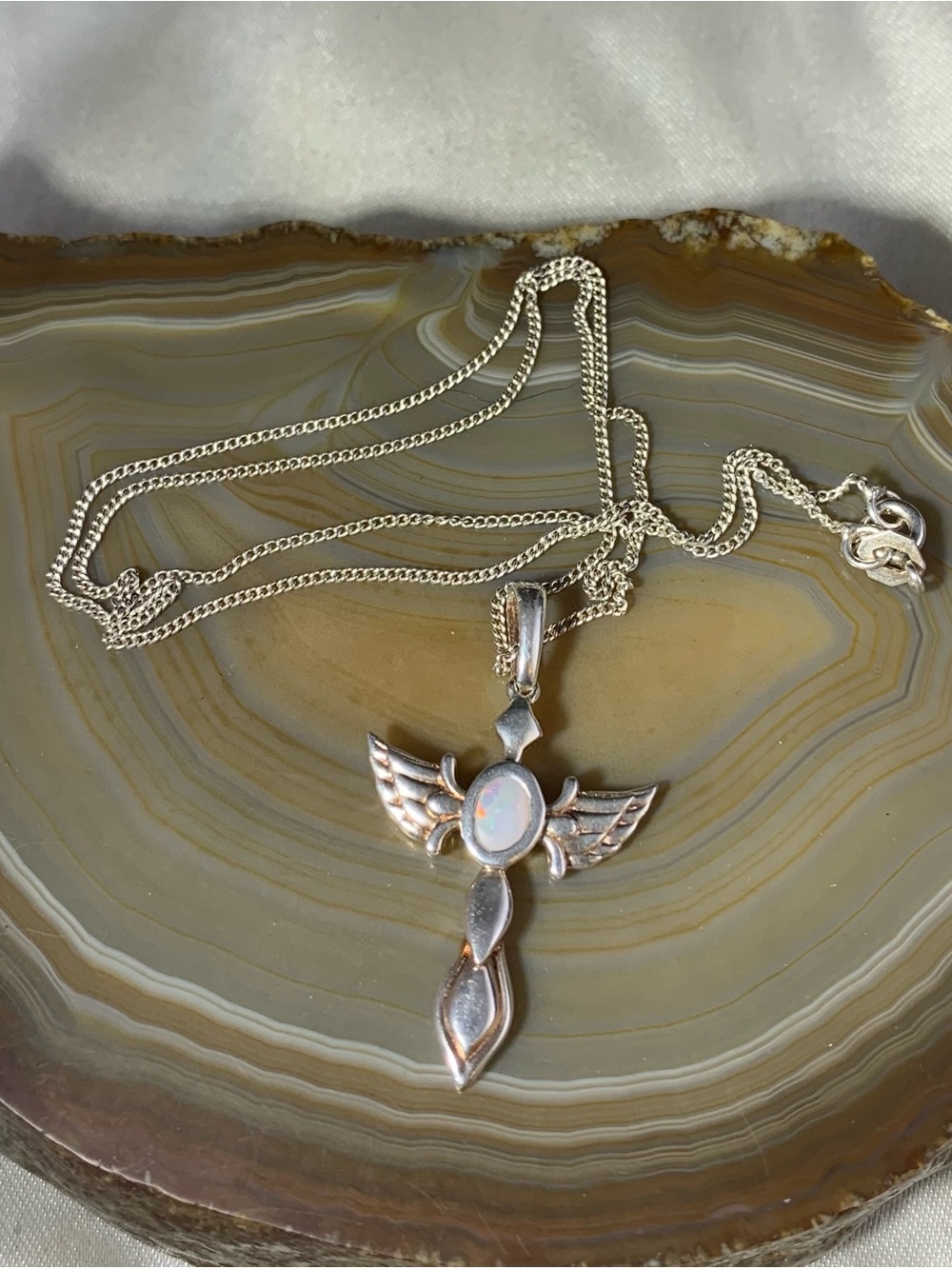 Sterling Silver Opal Winged Cross Necklace - White Opal Vintage 16"